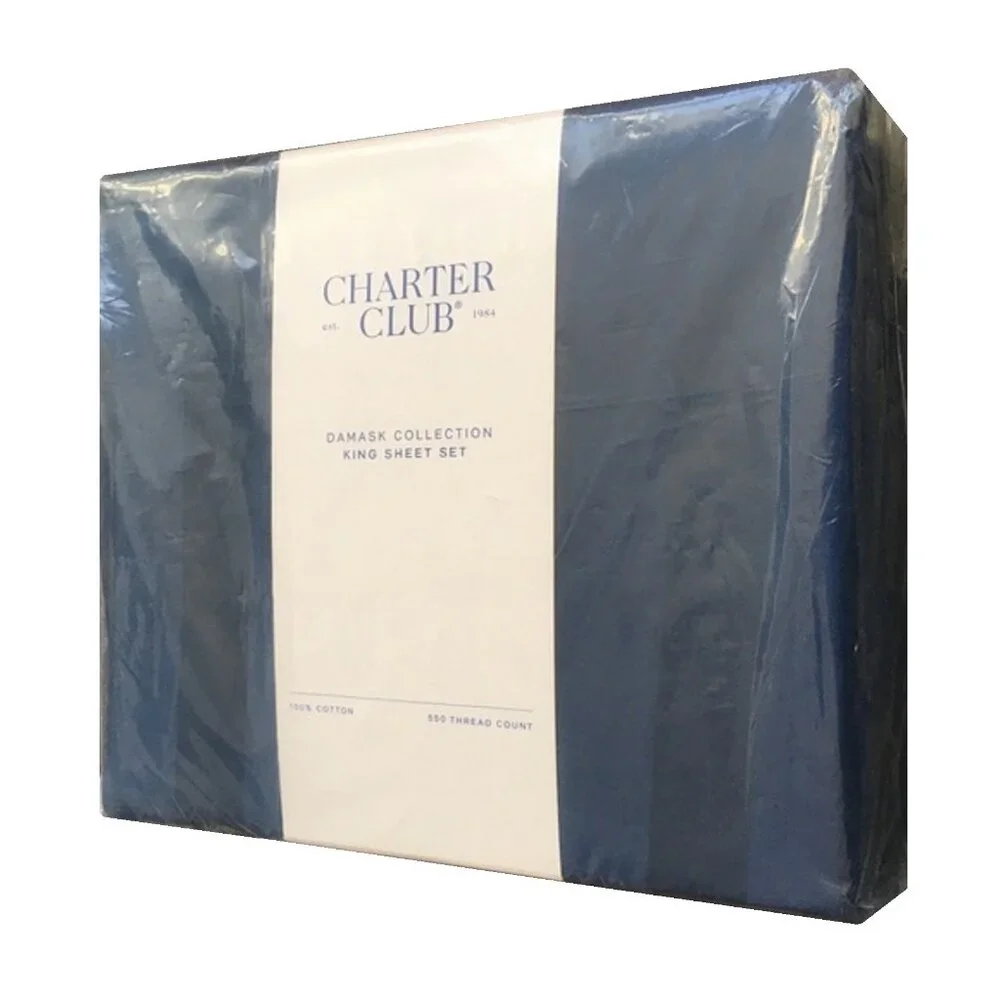 Charter Club 550 DAMASK STRIPE TC 100% Cotton KING Sheet Set in NAVY PEONY color